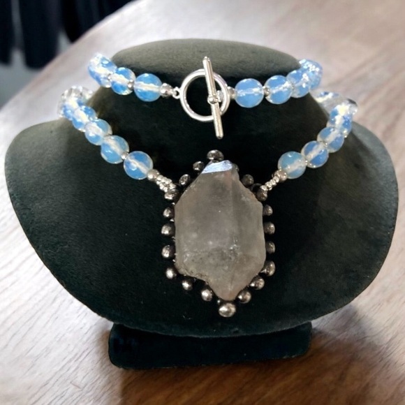Herkimer diamond crystal quartz & iridescent blue opalite beads boho necklace - Picture 1 of 14